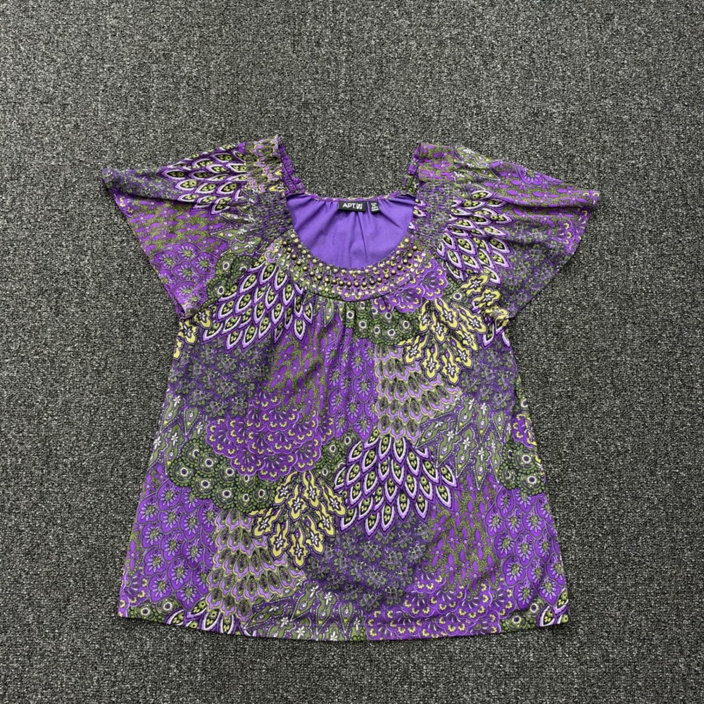 Apt 9 Peacock Paisley Beaded Mesh Top Womens Petite Large Purple hippie Gypsy